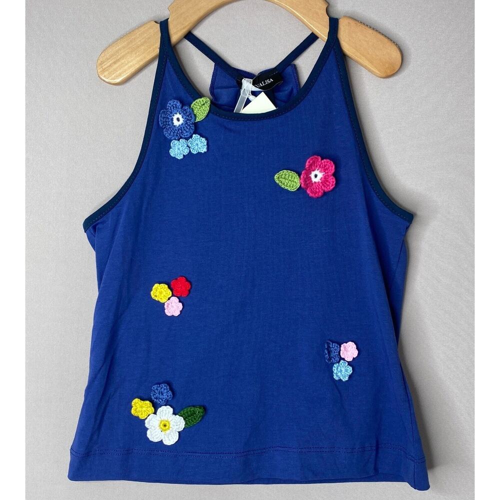 NWT Monnalisa Boho Crochet Flower Blue Racerback Knit T-Shirt Girls 6 Yrs